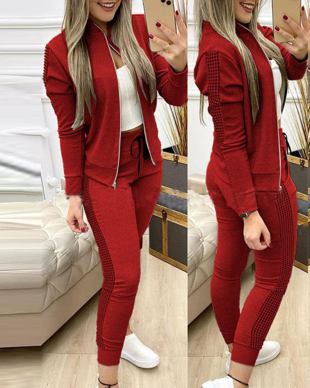 Casual Zipper Stitching Plaid Suit Women's Suit